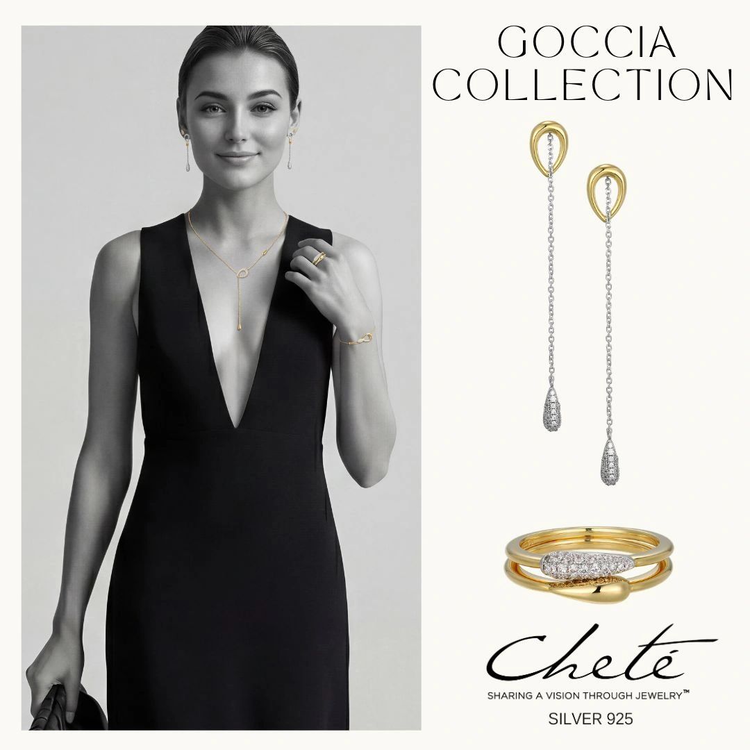CHETE Goccia campaign: a monochrome model portrait beside gold and silver jewellery.