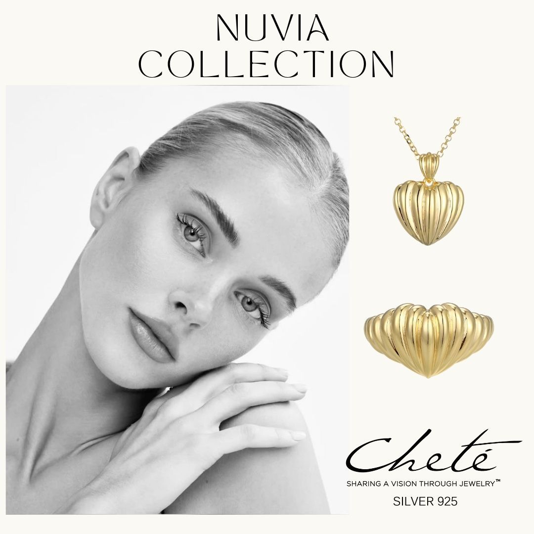 CHETE Nuvia campaign: a monochrome model portrait with sculptural gold jewellery.