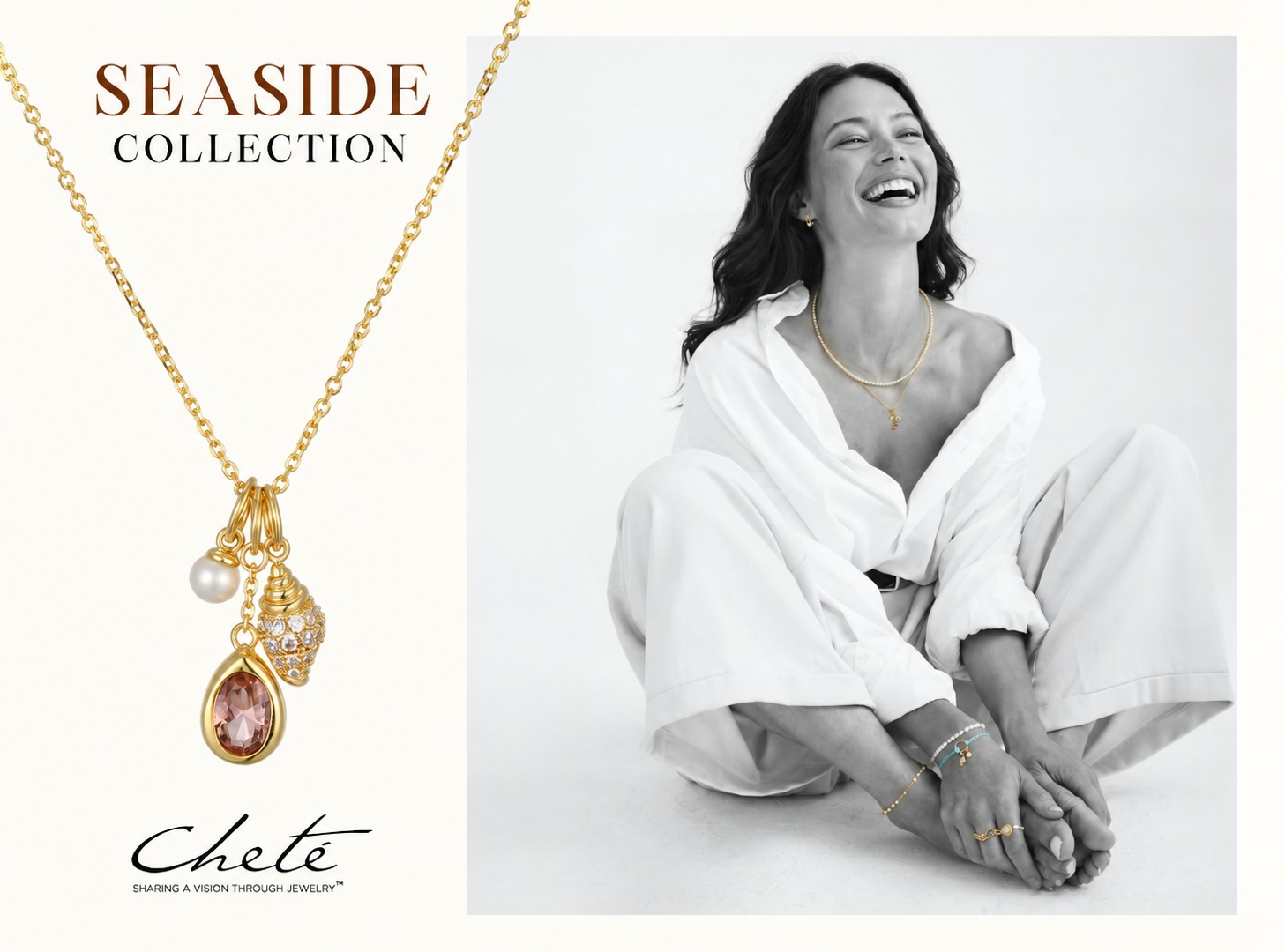 CHETE Sea Side campaign: a smiling model in white with a gold pendant necklace.