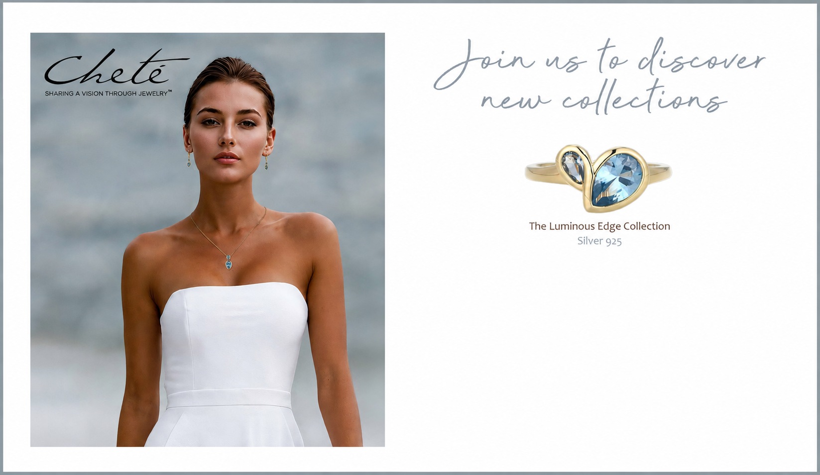 CHETE jewellery campaign with a model in white and a blue-stone ring.