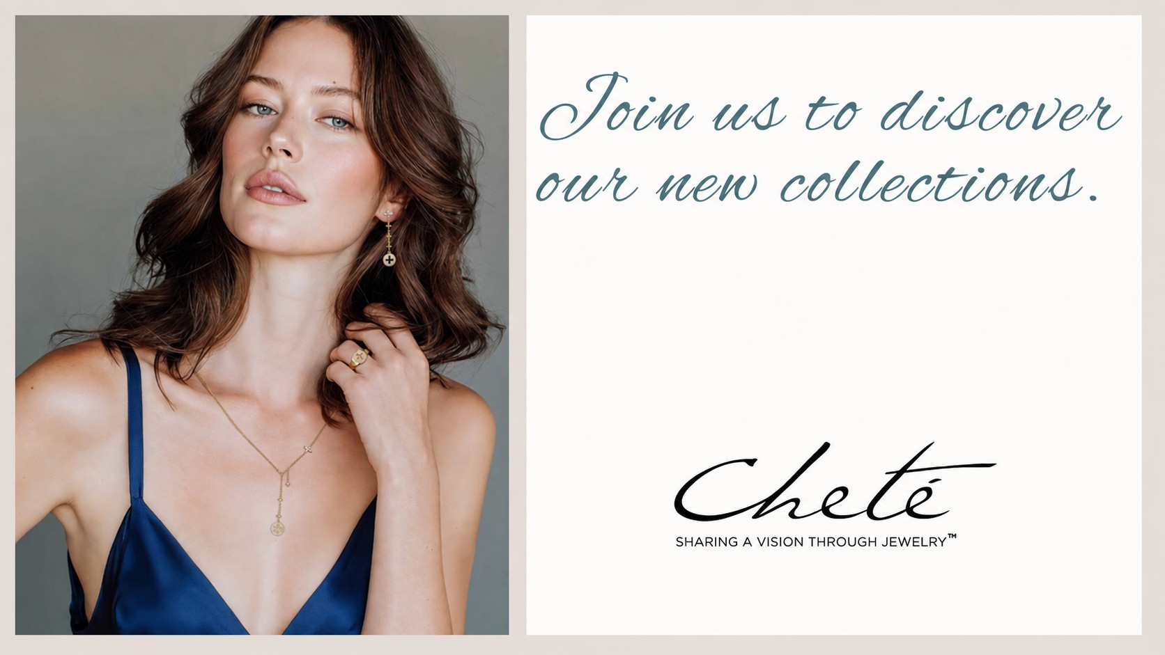 CHETE jewellery campaign with a model in blue satin and the CHETE logo.