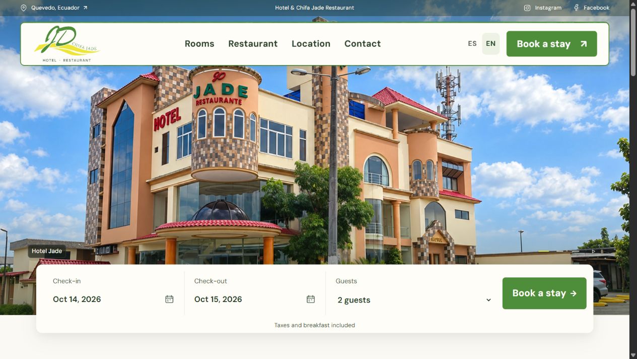 Hotel Jade website with the hotel exterior, Spanish and English navigation, and the direct stay-request form.